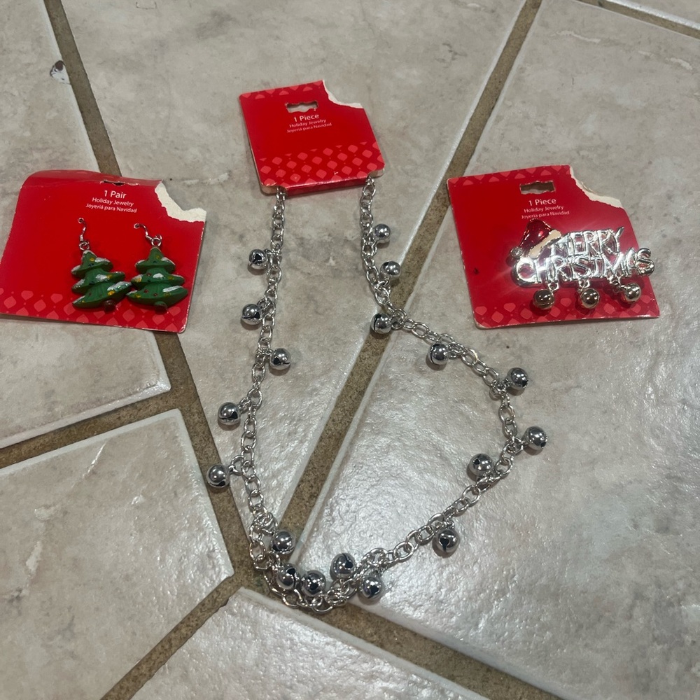 Holiday Silver Jingle Bell Necklace & Earrings Set - Green Tree Earrings
